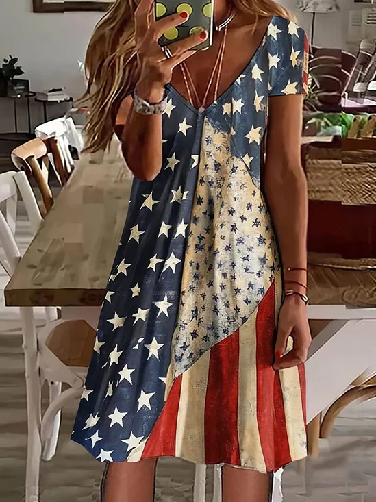Damen Tag der Unabhängigkeit (Flagge) Kurzarm Sommer Print Kleid V-Ausschnitt Täglich Lässig Midi Klassisch A-Linien-Kleid