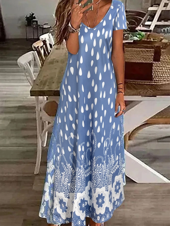 Damen Geblümt Kurzarm Sommer Print Kleid V-Ausschnitt Täglich Lässig Maxikleid X-Linie Kleid