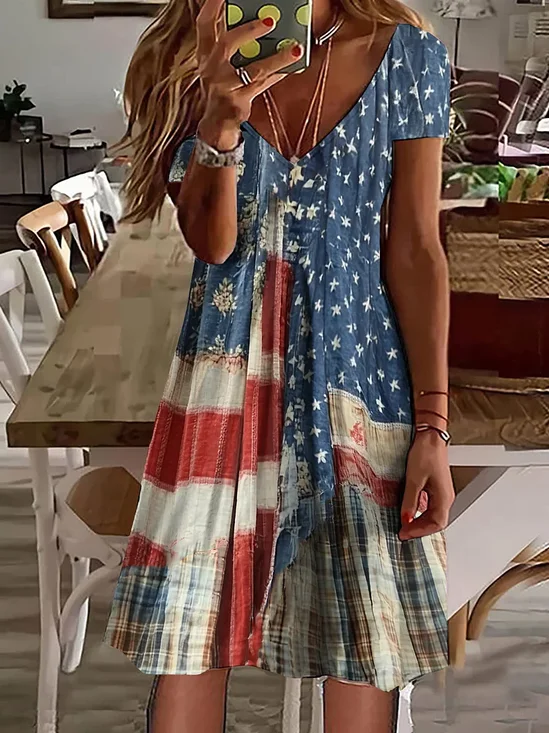 Damen Tag der Unabhängigkeit (Flagge) Kurzarm Sommer Print Kleid V-Ausschnitt Täglich Lässig Midi Klassisch A-Linien-Kleid