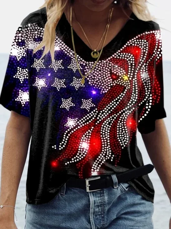 Damen Tag der Unabhängigkeit (Flagge) Kurzarm T-Shirts T-Shirt V-Ausschnitt Print Lässig Sommer T-Shirt mit Grafik Oberteile