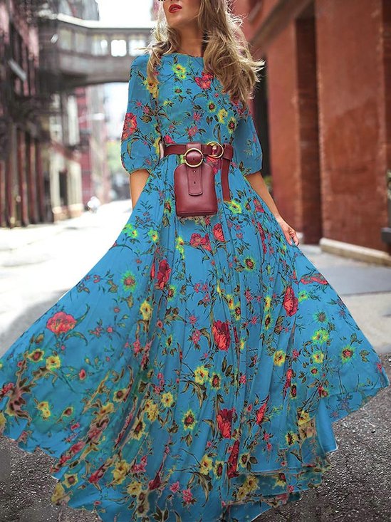 Damen Geblümt Halbarm Sommer Print Kleid Rundhals Puffärmel Täglich Lässig Maxikleid Fließendes Kleid A-Linien-Kleid