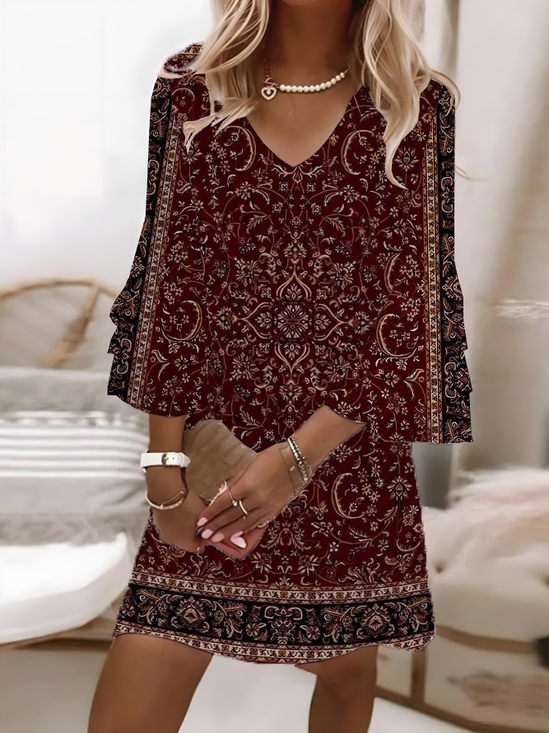 Damen Geblümt Halbarm Sommer Print Kleid V-Ausschnitt Täglich Lässig Maxikleid H-Linie Kleid