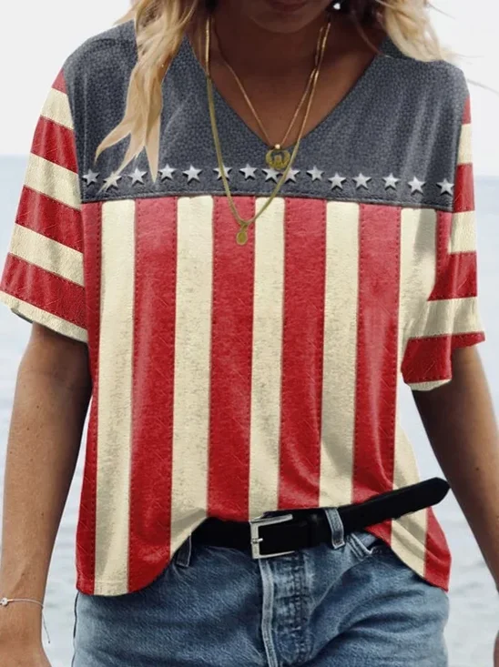Damen Tag der Unabhängigkeit (Flagge) Kurzarm T-Shirts T-Shirt V-Ausschnitt Print Lässig Sommer T-Shirt mit Grafik Oberteile