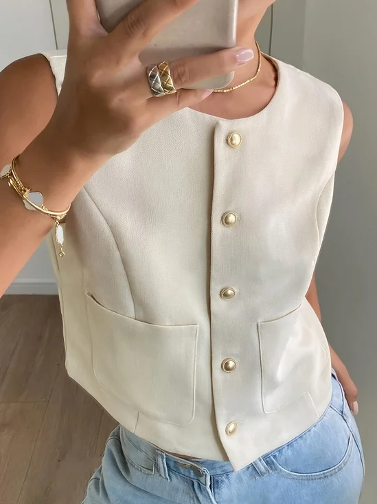 Damen Ärmellos Tanktop Oberteile Leibchen Sommer Unifarben Schnalle Rundhals Täglich Einfach Oberteile