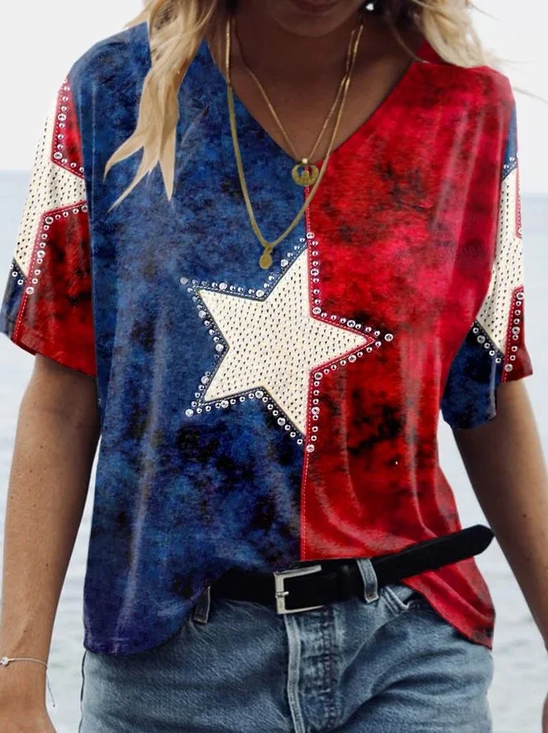 Damen Tag der Unabhängigkeit (Flagge) Kurzarm T-Shirts T-Shirt V-Ausschnitt Print Lässig Sommer T-Shirt mit Grafik Oberteile