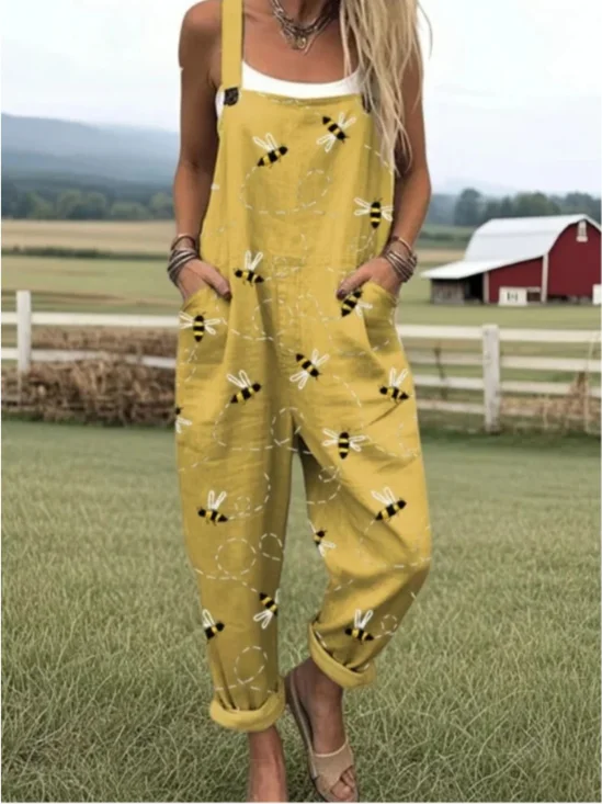 Damen Tier Karree-Ausschnitt Gallus Lässig Sommer Baumwolle Leinen Jumpsuit