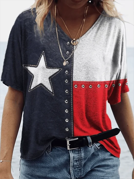 Damen Tag der Unabhängigkeit (Flagge) Kurzarm T-Shirts T-Shirt V-Ausschnitt Print Lässig Sommer T-Shirt mit Grafik Oberteile