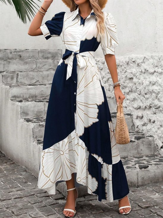 Damen Geometrisch Kurzarm Sommer Print Kleid V-Ausschnitt Puffärmel Täglich Lässig Maxikleid Blusenkleid A-Linien-Kleid