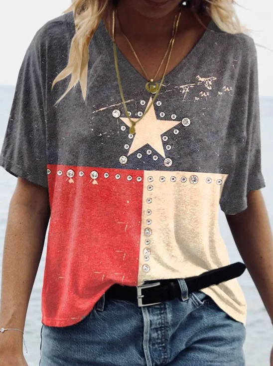 Damen Stern Kurzarm T-Shirts T-Shirt V-Ausschnitt Print Lässig Sommer T-Shirt mit Grafik Oberteile