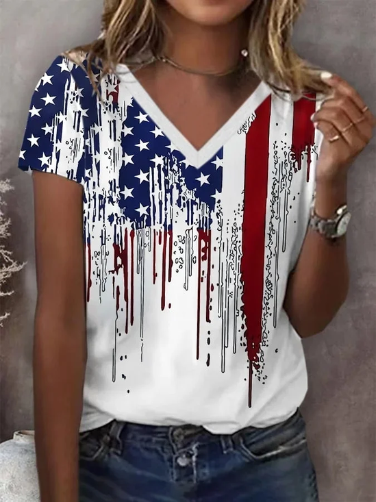 Damen Tag der Unabhängigkeit (Flagge) Kurzarm T-Shirts T-Shirt V-Ausschnitt Print Lässig Sommer T-Shirt mit Grafik Oberteile