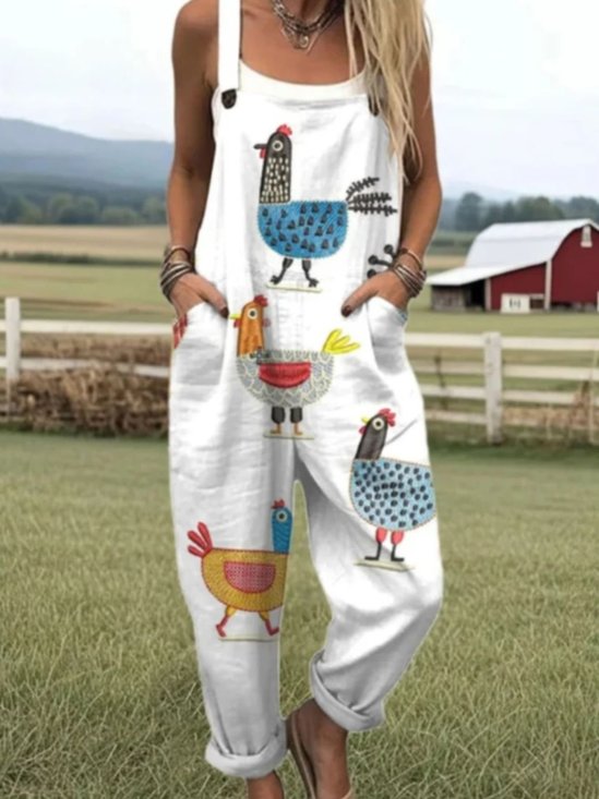 Damen Tier Karree-Ausschnitt Gallus Lässig Sommer Baumwolle Leinen Jumpsuit