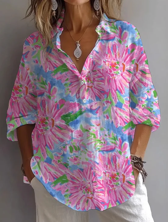 Damen Geblümt Langarm Bluse Frühling/Herbst Print Hemdkragen Täglich Lässig Oberteile