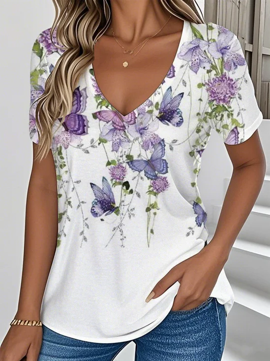 Damen Geblümt Kurzarm T-Shirts T-Shirt V-Ausschnitt Lässig Sommer Oberteile