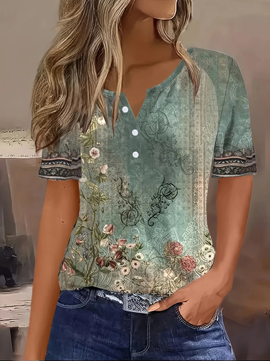 Damen Geblümt Kurzarm T-Shirts T-Shirt Rundhals Print Lässig Sommer T-Shirt mit Grafik Oberteile