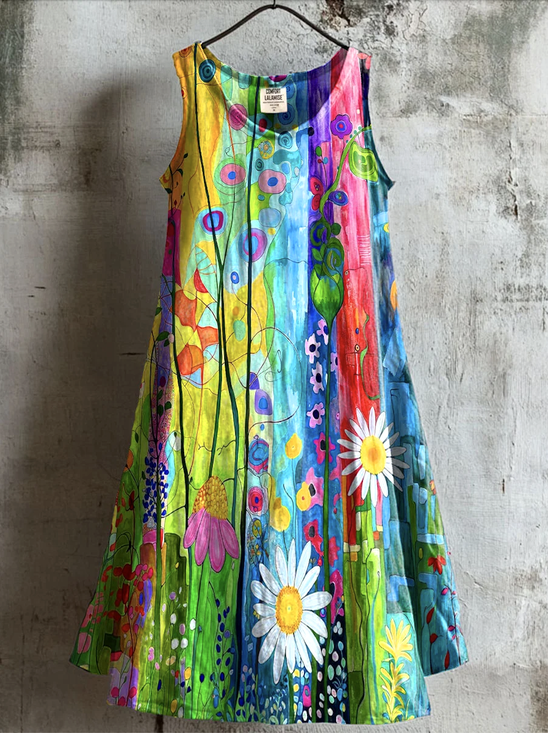 Damen Geblümt Ärmellos Sommer Kleid Rundhals Täglich Lässig Midi A-Linien-Kleid