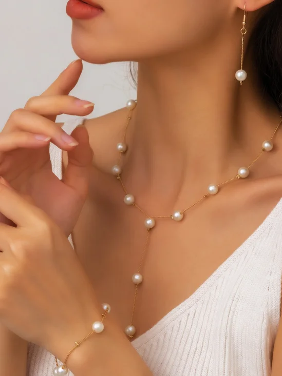 Schmuck Fashion Perle Pendant Legierung Licht Luxuriös Perle Ohrringe Armband Ohrringe Halskette Dreiteilig Halskette