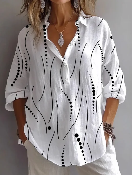 Damen Gestreift Langarm Bluse Frühling/Herbst Print Hemdkragen Täglich Lässig Oberteile
