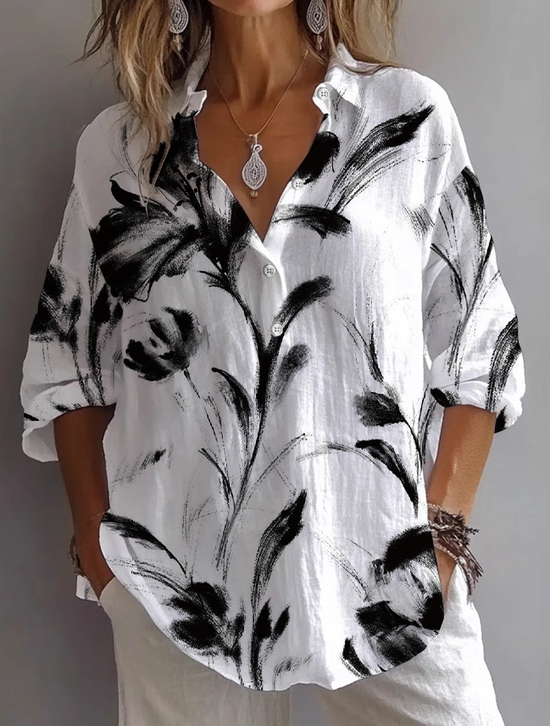 Damen Geblümt Langarm Bluse Frühling/Herbst Print Hemdkragen Täglich Lässig Oberteile