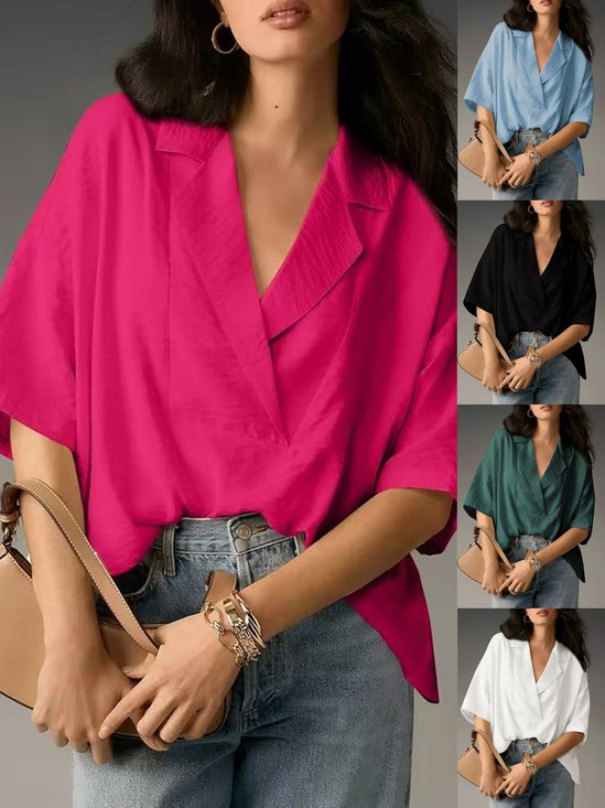 Damen Unifarben Halbarm Bluse Sommer Nahtverarbeitung Schalkragen Täglich Lässig Oberteile