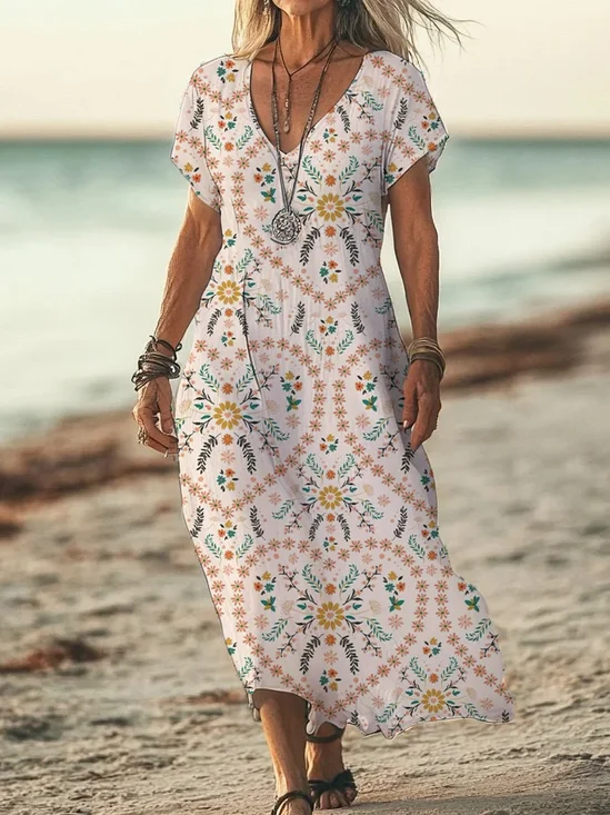 Damen Geblümt Kurzarm Sommer Print Kleid V-Ausschnitt Täglich Lässig Maxikleid X-Linie Kleid