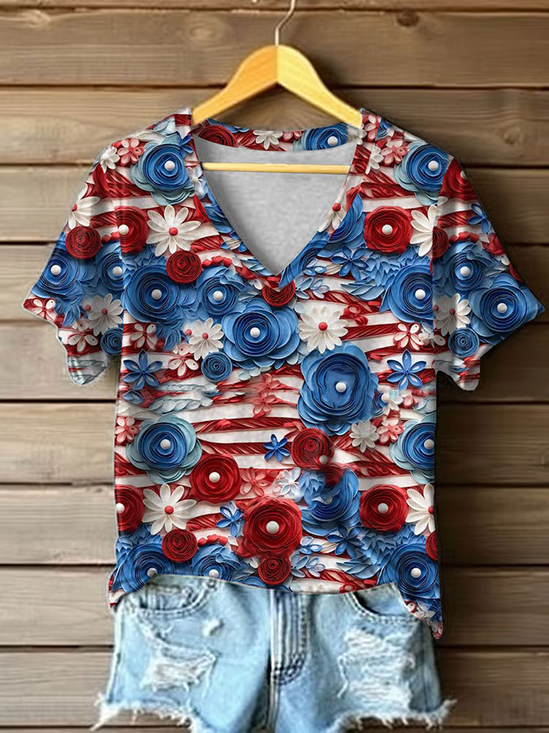 Damen Geblümt Kurzarm T-Shirts T-Shirt V-Ausschnitt Print Lässig Sommer T-Shirt mit Grafik Oberteile