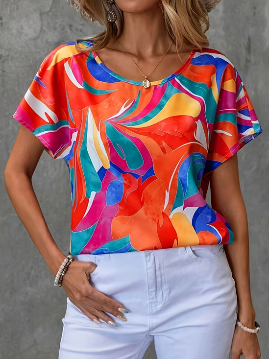 Damen Abstrakt Kurzarm T-Shirts T-Shirt Rundhals Print Lässig Sommer T-Shirt mit Grafik Oberteile