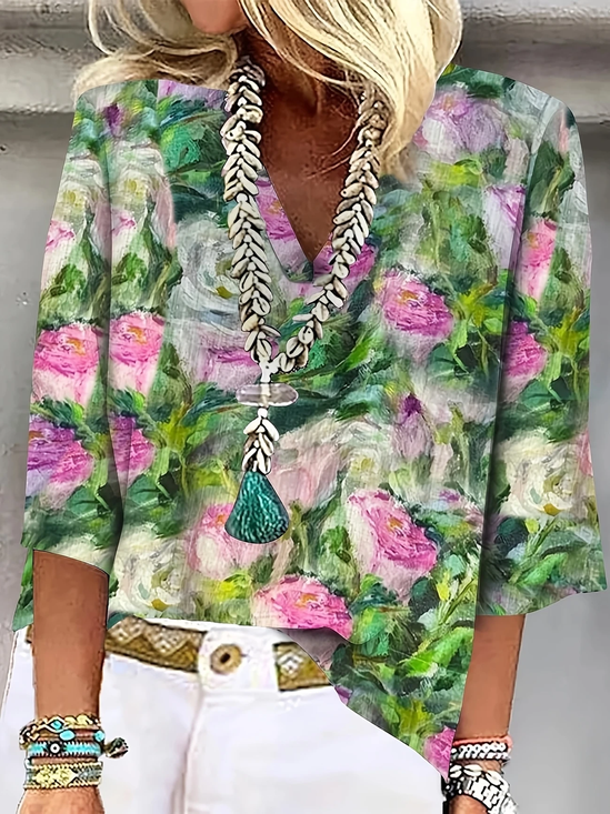 Damen Geblümt Dreiviertelärmel Bluse Frühling/Herbst Print V-Ausschnitt Täglich Lässig Oberteile