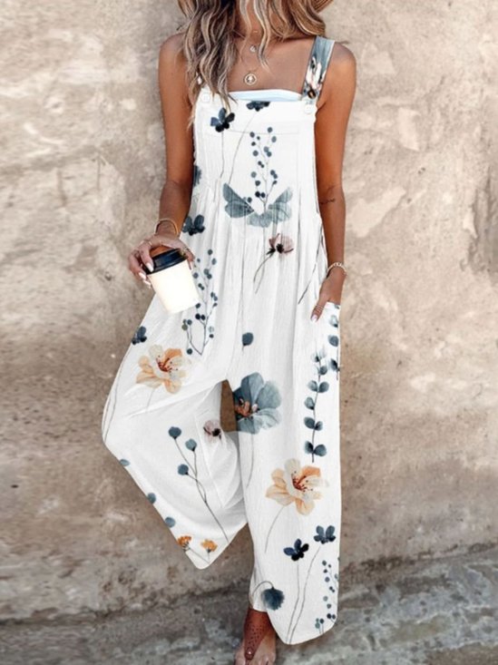 Damen Geblümt Karree-Ausschnitt Gallus Lässig Sommer Baumwolle Leinen Jumpsuit
