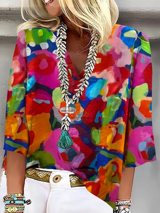 Damen Abstrakt Dreiviertelärmel Bluse Frühling/Herbst Print V-Ausschnitt Täglich Lässig Oberteile