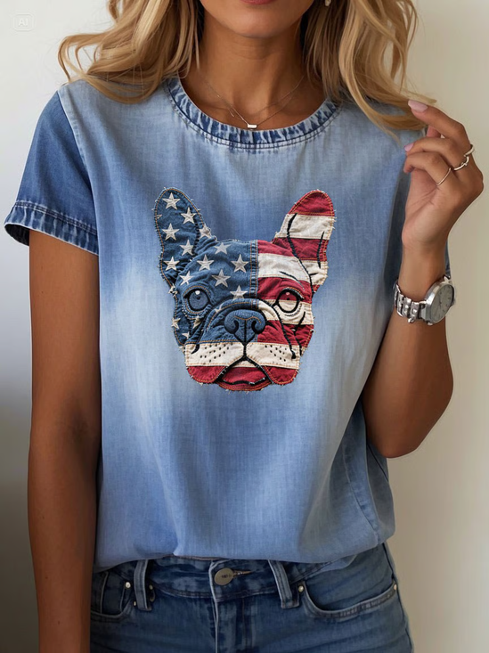 Damen Hund Kurzarm T-Shirts T-Shirt Rundhals Print Lässig Sommer T-Shirt mit Grafik Oberteile