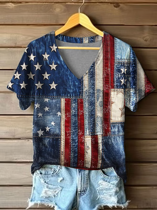 Damen Tag der Unabhängigkeit (Flagge) Kurzarm T-Shirts T-Shirt V-Ausschnitt Print Lässig Sommer T-Shirt mit Grafik Oberteile