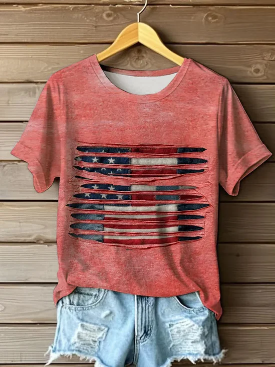 Damen Tag der Unabhängigkeit (Flagge) Kurzarm T-Shirts T-Shirt Rundhals Print Lässig Sommer T-Shirt mit Grafik Oberteile