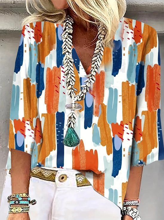 Damen Abstrakt Dreiviertelärmel Bluse Frühling/Herbst Print V-Ausschnitt Täglich Lässig Oberteile