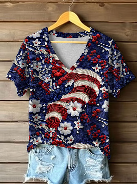 Damen Geblümt Kurzarm T-Shirts T-Shirt V-Ausschnitt Print Lässig Sommer T-Shirt mit Grafik Oberteile