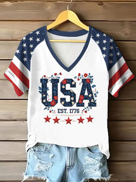 Damen Geblümt Kurzarm T-Shirts T-Shirt V-Ausschnitt Print Lässig Sommer T-Shirt mit Grafik Oberteile