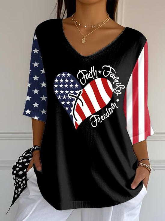 Damen Tag der Unabhängigkeit (Flagge) Dreiviertelärmel T-Shirts T-Shirt V-Ausschnitt Print Lässig Frühling/Herbst Oberteile