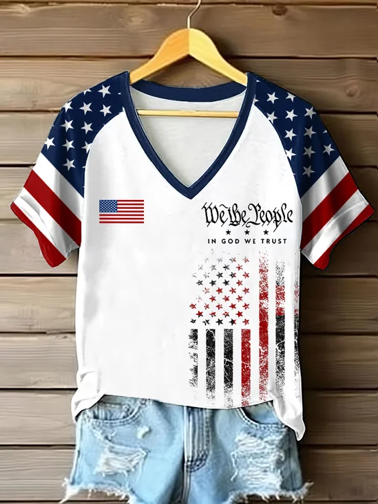 Damen Tag der Unabhängigkeit (Flagge) Kurzarm T-Shirts T-Shirt V-Ausschnitt Print Lässig Sommer T-Shirt mit Grafik Oberteile
