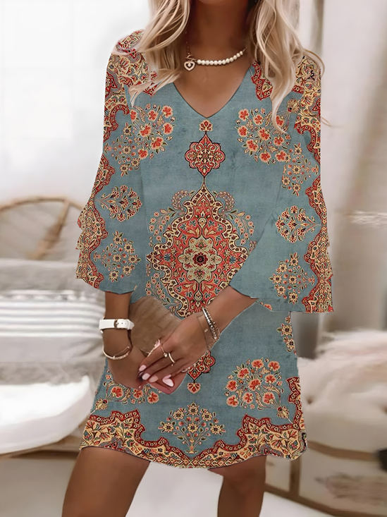 Damen Geblümt Halbarm Sommer Print Kleid V-Ausschnitt Täglich Lässig Maxikleid H-Linie Kleid