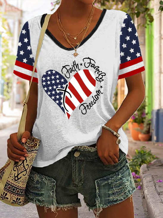 Damen Tag der Unabhängigkeit (Flagge) Kurzarm T-Shirts T-Shirt V-Ausschnitt Print Lässig Sommer T-Shirt mit Grafik Oberteile