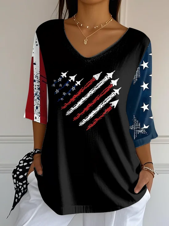 Damen Tag der Unabhängigkeit (Flagge) Dreiviertelärmel T-Shirts T-Shirt V-Ausschnitt Print Lässig Frühling/Herbst Oberteile