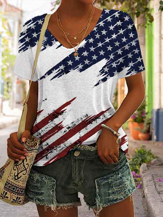 Damen Tag der Unabhängigkeit (Flagge) Kurzarm T-Shirts T-Shirt V-Ausschnitt Print Lässig Sommer T-Shirt mit Grafik Oberteile