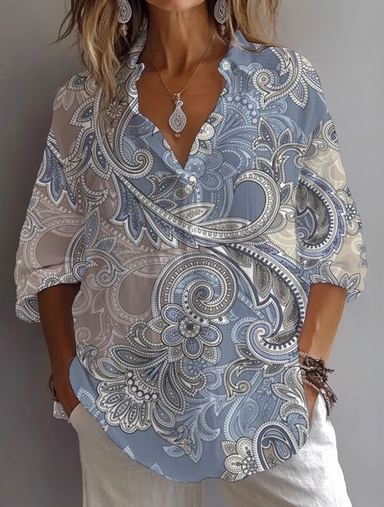 Damen Geblümt Langarm Bluse Frühling/Herbst Print Hemdkragen Täglich Lässig Oberteile