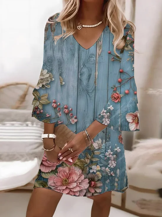 Damen Geblümt Halbarm Sommer Print Kleid V-Ausschnitt Täglich Lässig Maxikleid H-Linie Kleid