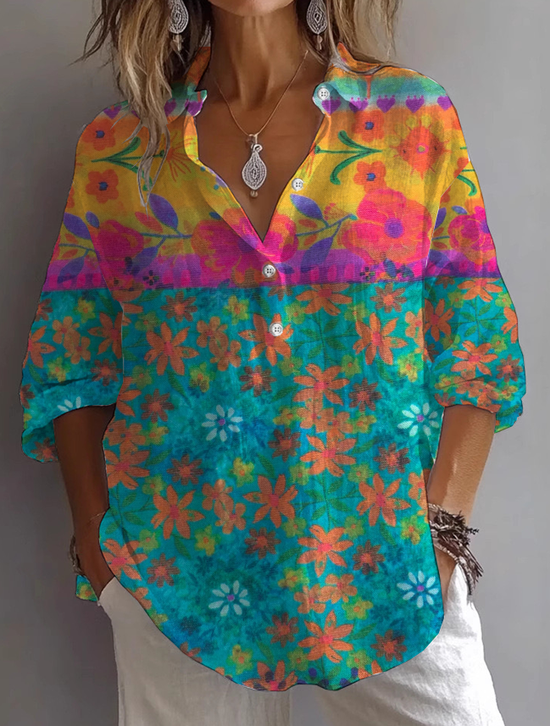 Damen Geblümt Langarm Bluse Frühling/Herbst Print Hemdkragen Täglich Lässig Oberteile
