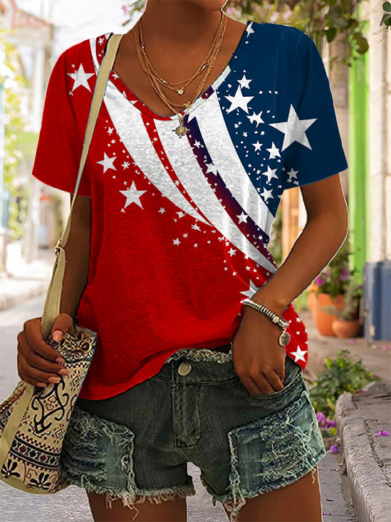 Damen Tag der Unabhängigkeit (Flagge) Kurzarm T-Shirts T-Shirt V-Ausschnitt Print Lässig Sommer T-Shirt mit Grafik Oberteile