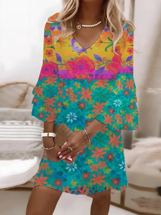 Damen Geblümt Halbarm Sommer Print Kleid V-Ausschnitt Täglich Lässig Maxikleid H-Linie Kleid