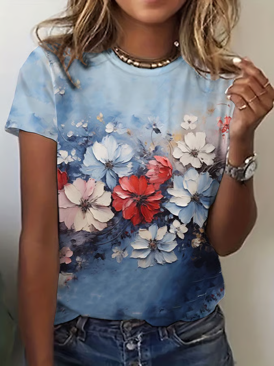Damen Geblümt Kurzarm T-Shirts T-Shirt Rundhals Print Lässig Sommer T-Shirt mit Grafik Oberteile
