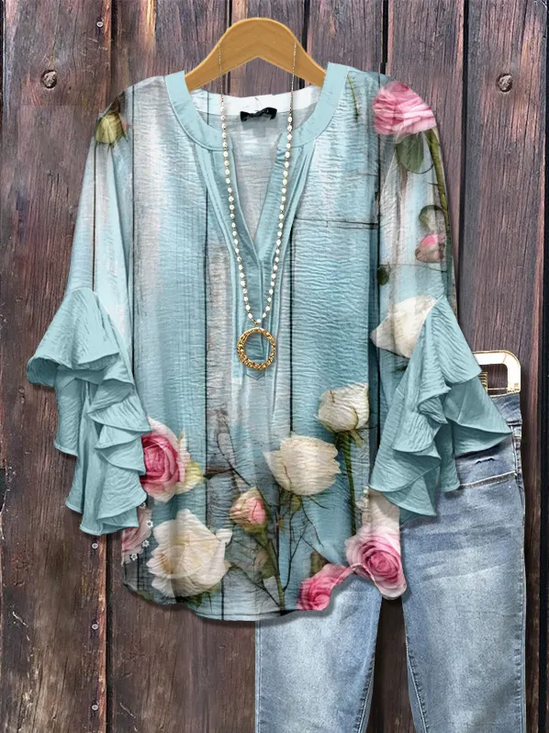 Damen Geblümt Halbarm Bluse Sommer Print V-Ausschnitt Täglich Lässig Oberteile