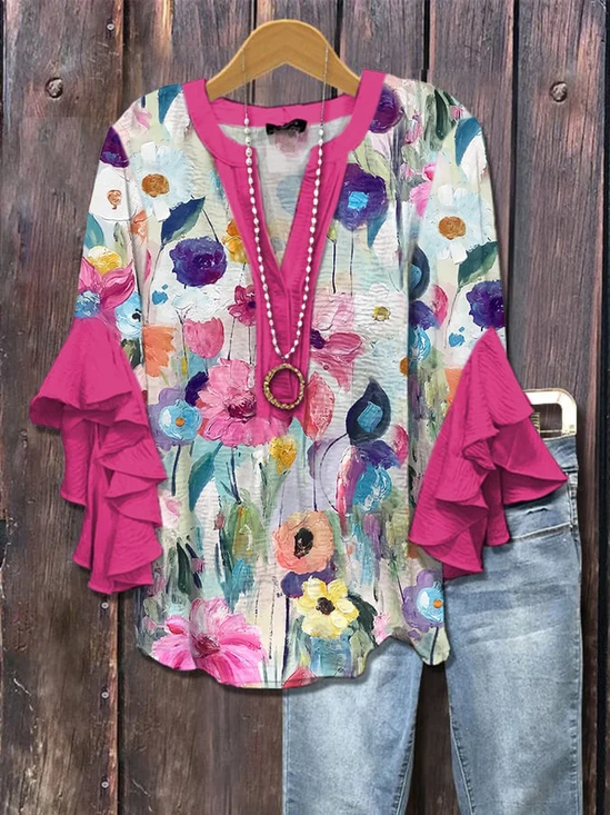 Damen Geblümt Halbarm Bluse Sommer Print V-Ausschnitt Täglich Lässig Oberteile