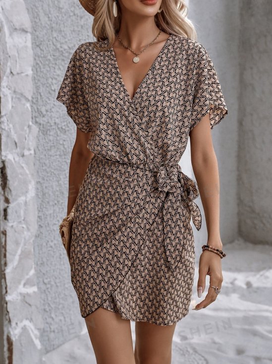 Damen Geometrisch Kurzarm Sommer Asymmetrisch Kleid V-Ausschnitt Dolman-Ärmel Täglich Retro Midi Tanktop A-Linien-Kleid